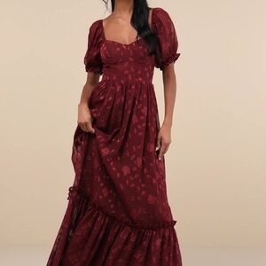 NWT Lulus Phenomenal Sweetness Burgundy Floral Burnout Bustier Maxi Dress - L